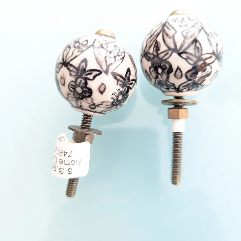 Hobby Lobby Pottery Knobs Floral Black and White Flower Drawer Pulls - Set of 2